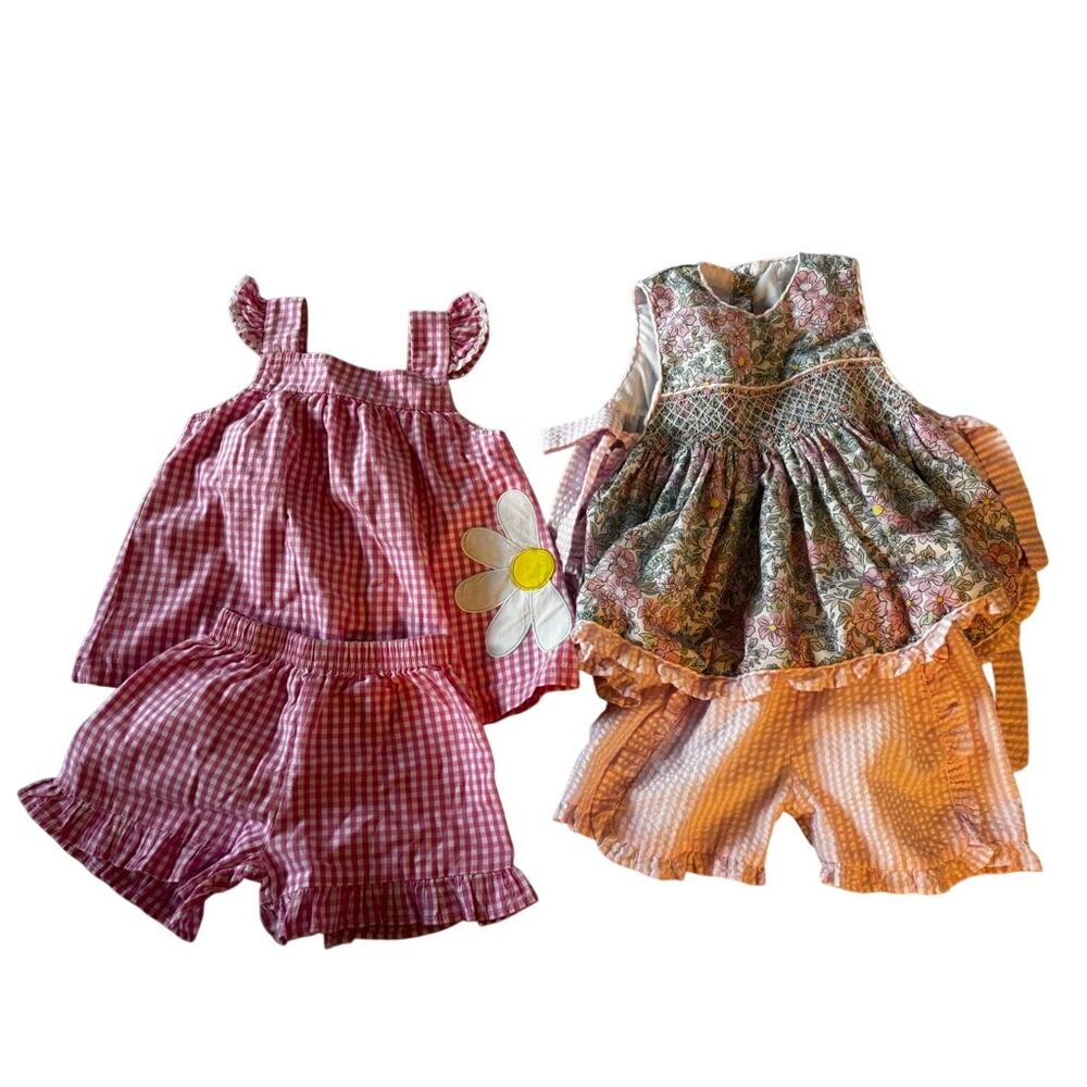 Stitchy Fish Girls 4T Boutique Outfit Lot 2 Smocked Gingham Seersucker Sets